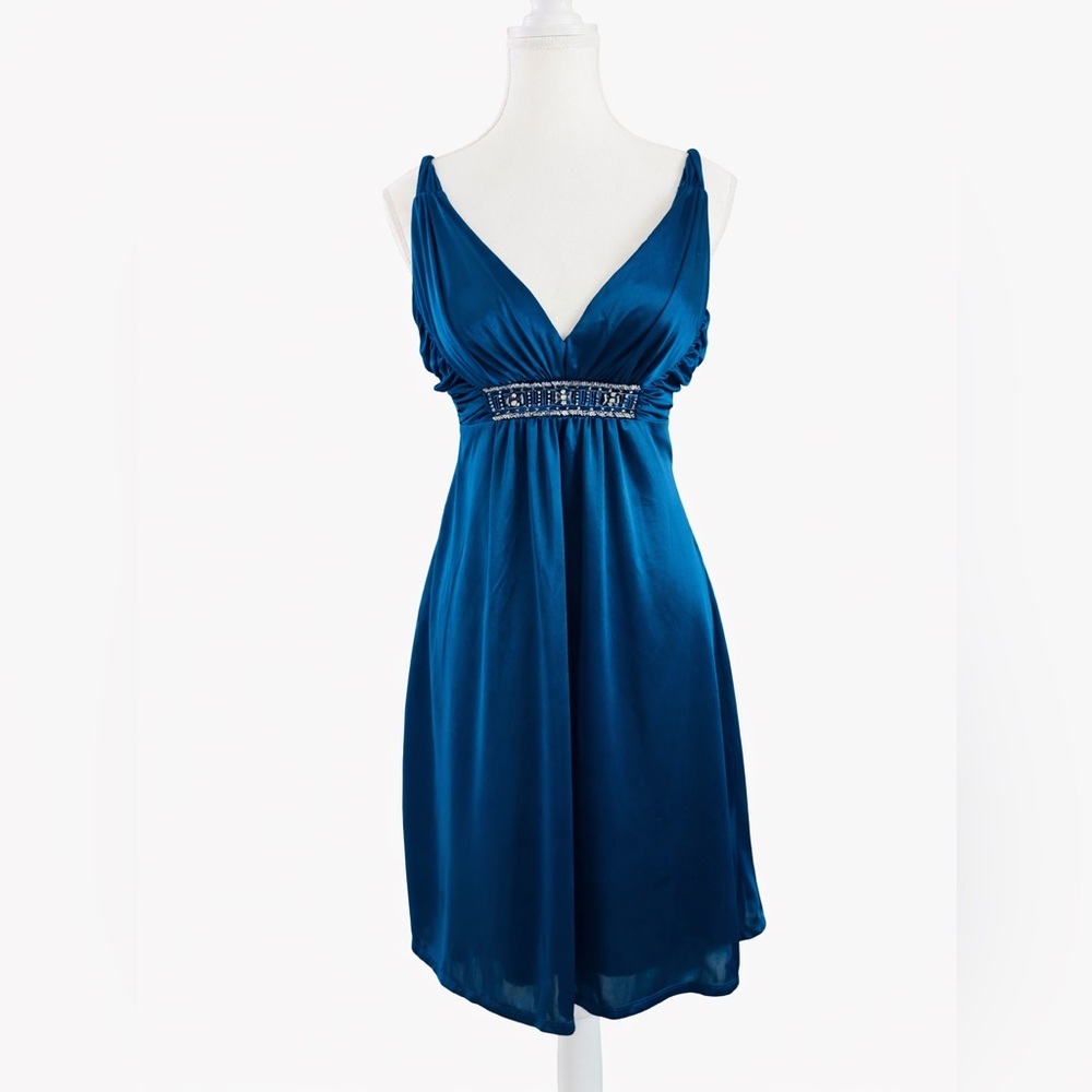 Alyn Paige Teal Satin Beaded Empire Waist Cocktail Dress Size S